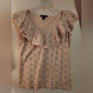 Chaps Women's Ruffled Short Sleeve Shirt Top Size Large Cream/Blue Floral
